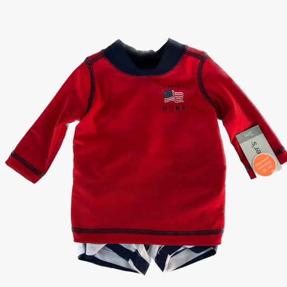 Carter's Baby Boy 2 Piece Swim Set, Red White Blue Trunks/Rash Guard Long Sleeve - Picture 1 of 11